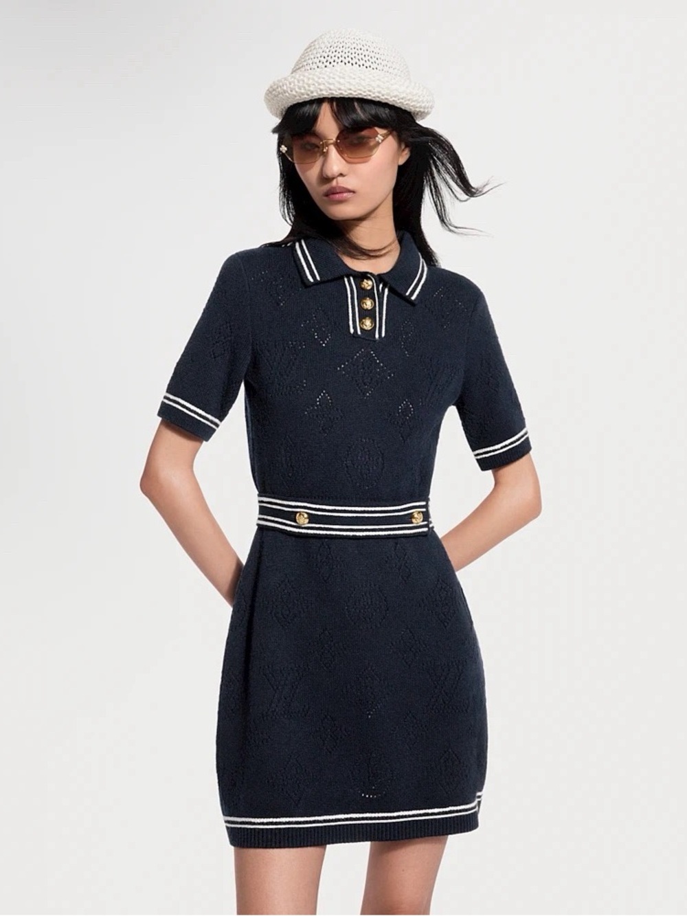 NWOT Louis Vuitton Contrast Accent Openwork Knit Dress, Size M